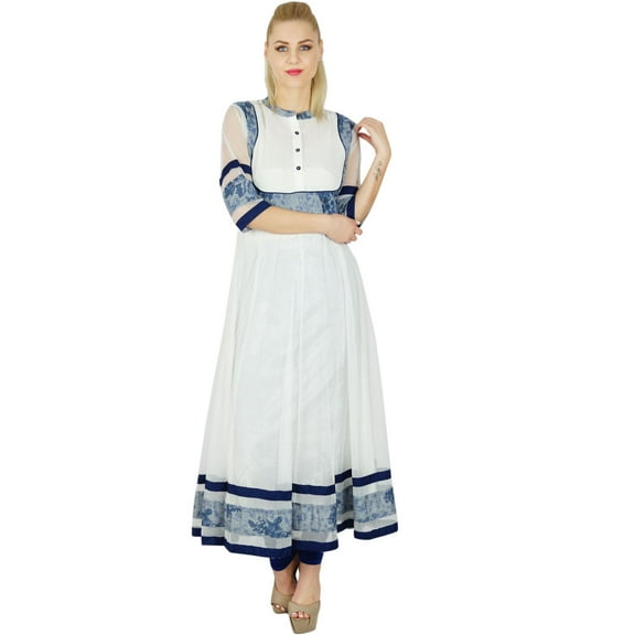 Bimba Women White Anarkali custom Kurti Long Flaired Net Kurta Sheer Sleevles