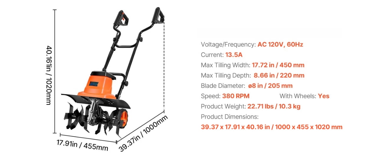 Corded Electric Tiller, 18-Inch Tilling Width, 13.5-Amp Motor, Steel Tines, Foldable Handle, Heavy-Duty for Lawn Yard Garden