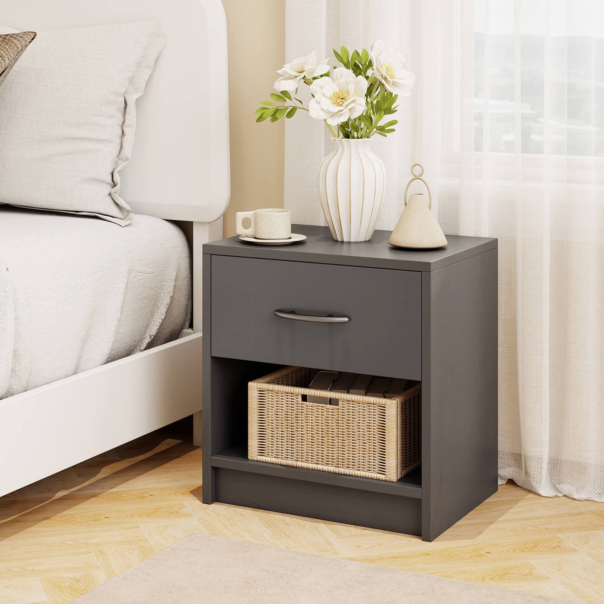 Costway Modern Nightstand Bedside Table with Drawer Open Storage Shelf for Small Spaces Dark Gray