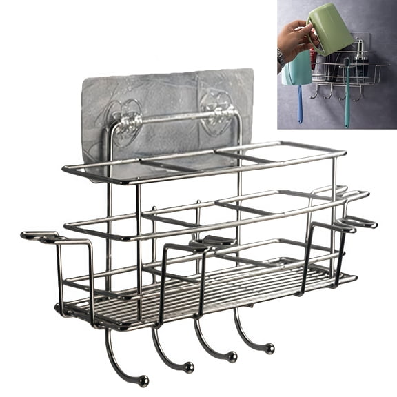 No-Drill Bathroom Storage Rack With Integrated Toothbrush And Toothpaste Holder