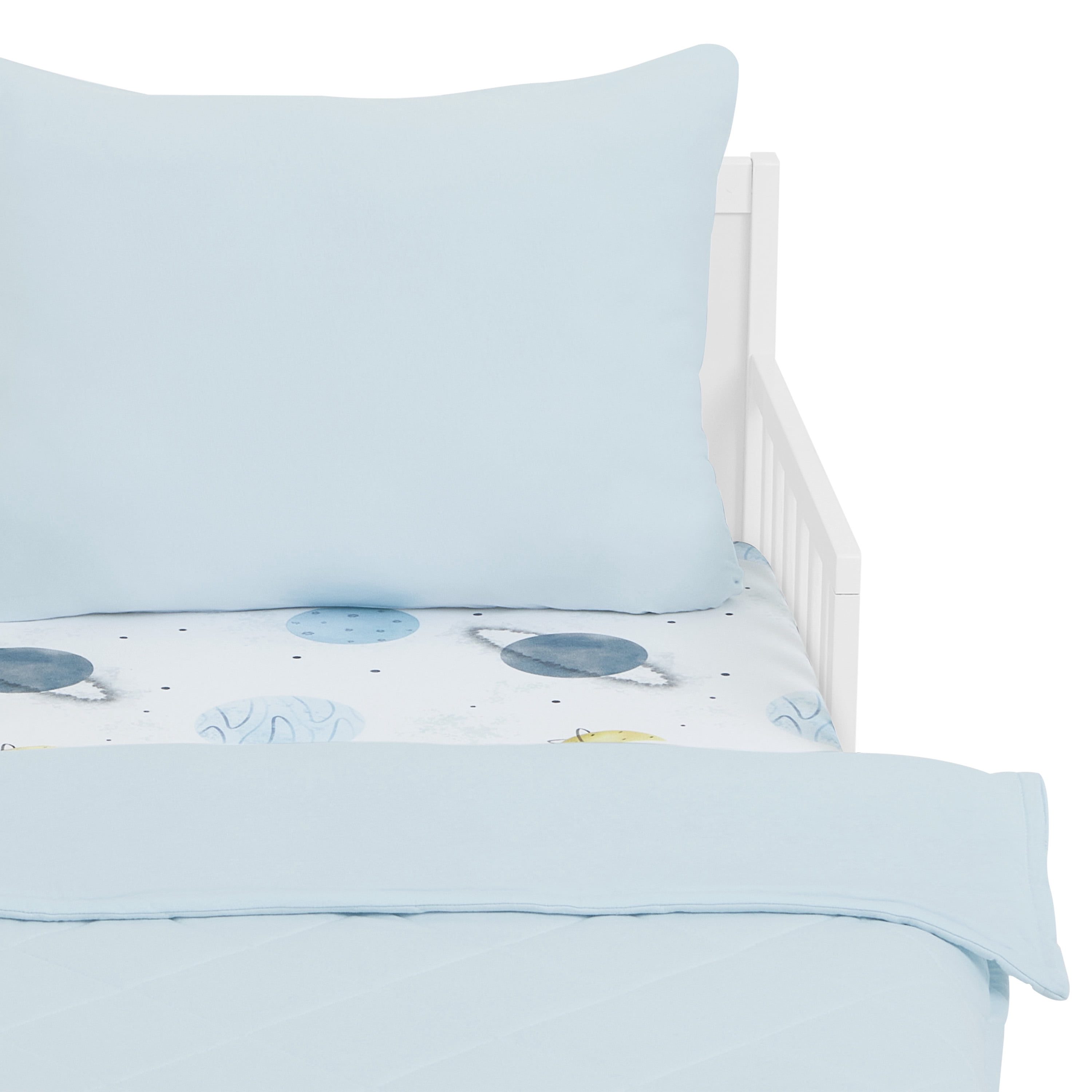 Evolur Space Adventure Collection 3pc Toddler Bed Set (Fitted Sheet, Comforter, Pillow Case) in Arctic Blue & Space Print