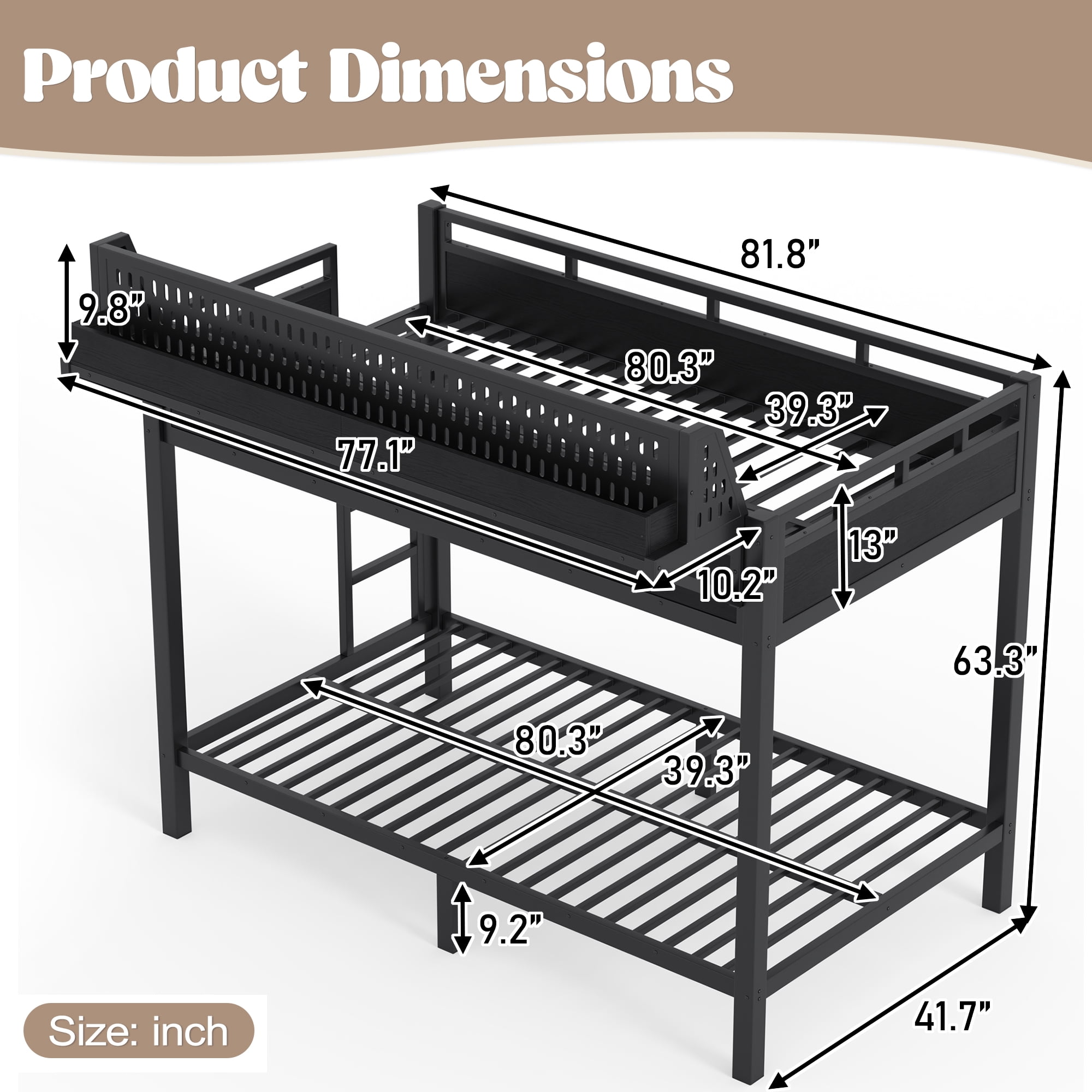 Mintazer Twin XL Over Twin XL Bunk Bed with Storage Shelves and Pegboard, Metal Bunk Bed Frame with LED Lights & Charging Station for Bedroom Guest Room, Black