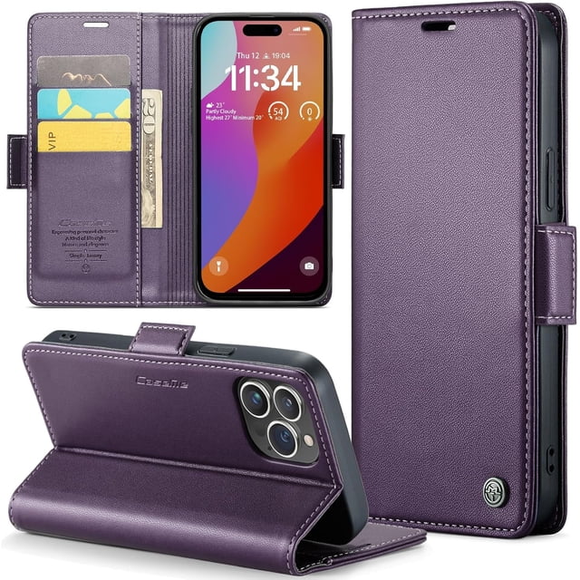Funda tipo cartera para iPhone 15 Pro con tarjetero, función atril, bloqueo RFID, cierre magnético, protección a prueba de golpes, de piel sintética, con tapa tipo cartera para iPhone 15 Pro