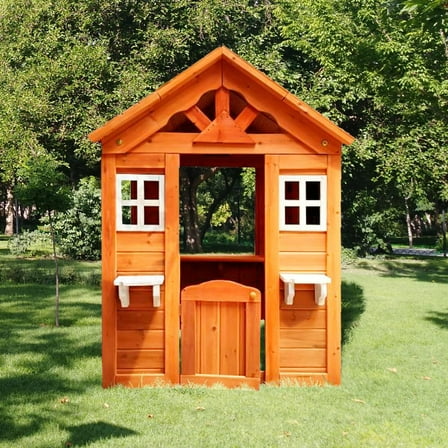 YIYADO Children's Playhouse, 2 Windows and Planter Stand, Fir, Half Door, Paneled Design, with Roof