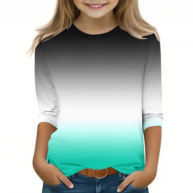 Dealovy Chemises pour Filles Manches 3/4 Couleur Dégradée Printemps Été Ample Décontracté Mignon Col Rond Tuniques