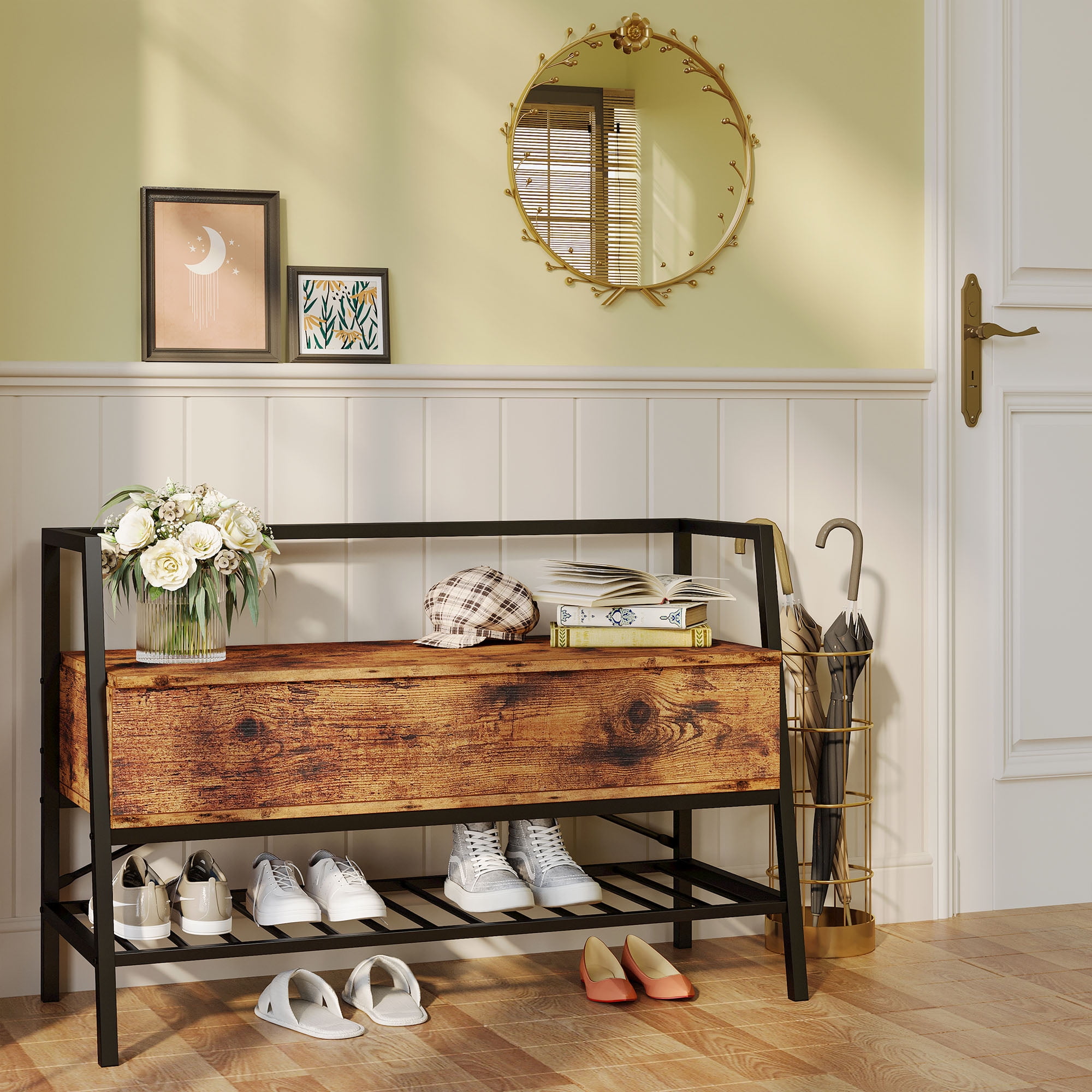 Vintage Brown Shoe Storage Bench with Lift Top Box 35.4in Entryway Organizer Rack in Bosnia and Herzegovina at BAM 207 Rating 5