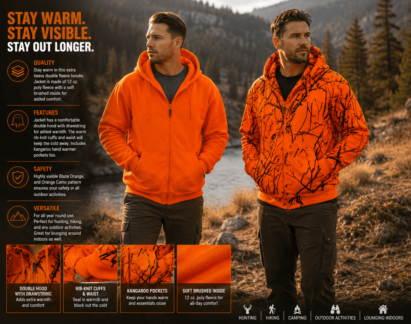 TrailCrest Safety Blaze Orange /Pink/ Camo Double Fleece Full Zip Hoodie (5X, Blaze Orange)