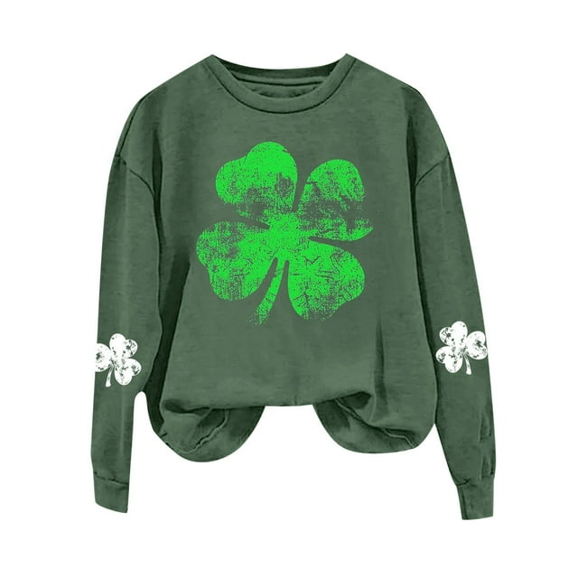 WEAIXIMIUNG Sweatshirts d'Automne pour Femmes Mode Décontractée Jour de la Saint-Patrick Vert Imprimé Graphique Quatre Feuilles Col Rond Manches Longues Jogging Sweatshirt