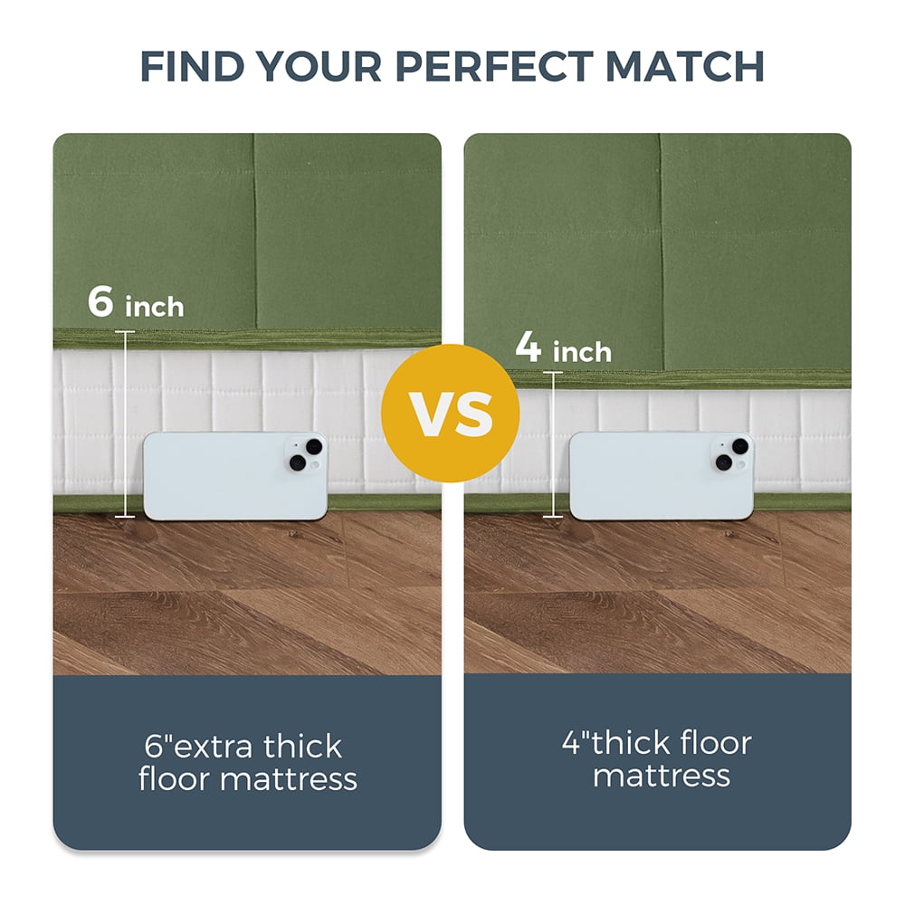 GOODONE 6" Thick Futon Mattress,Padded Japanese Floor Mattress Quilted Bed Mattress Topper,Extra Thick Folding Sleeping Pad,Green,Full Size