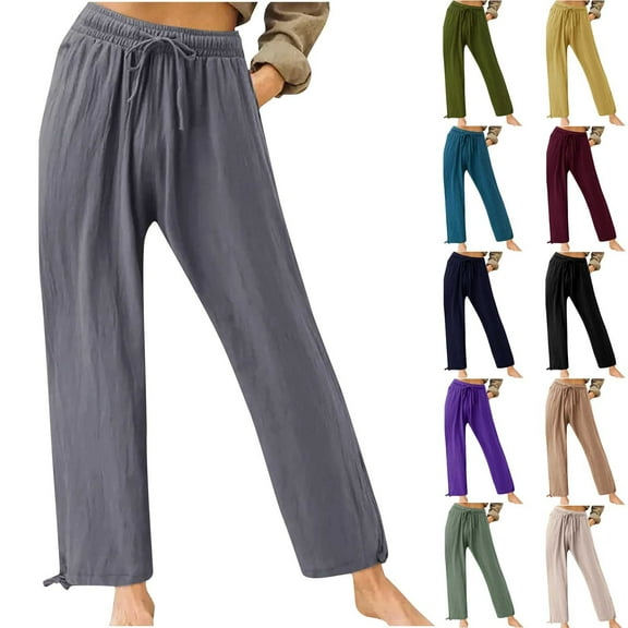 Summer Pants for Women Cotton Linen Elastic Drawstring Loung Pants Soild Color Wide Legs Beach Trousers with Pockets