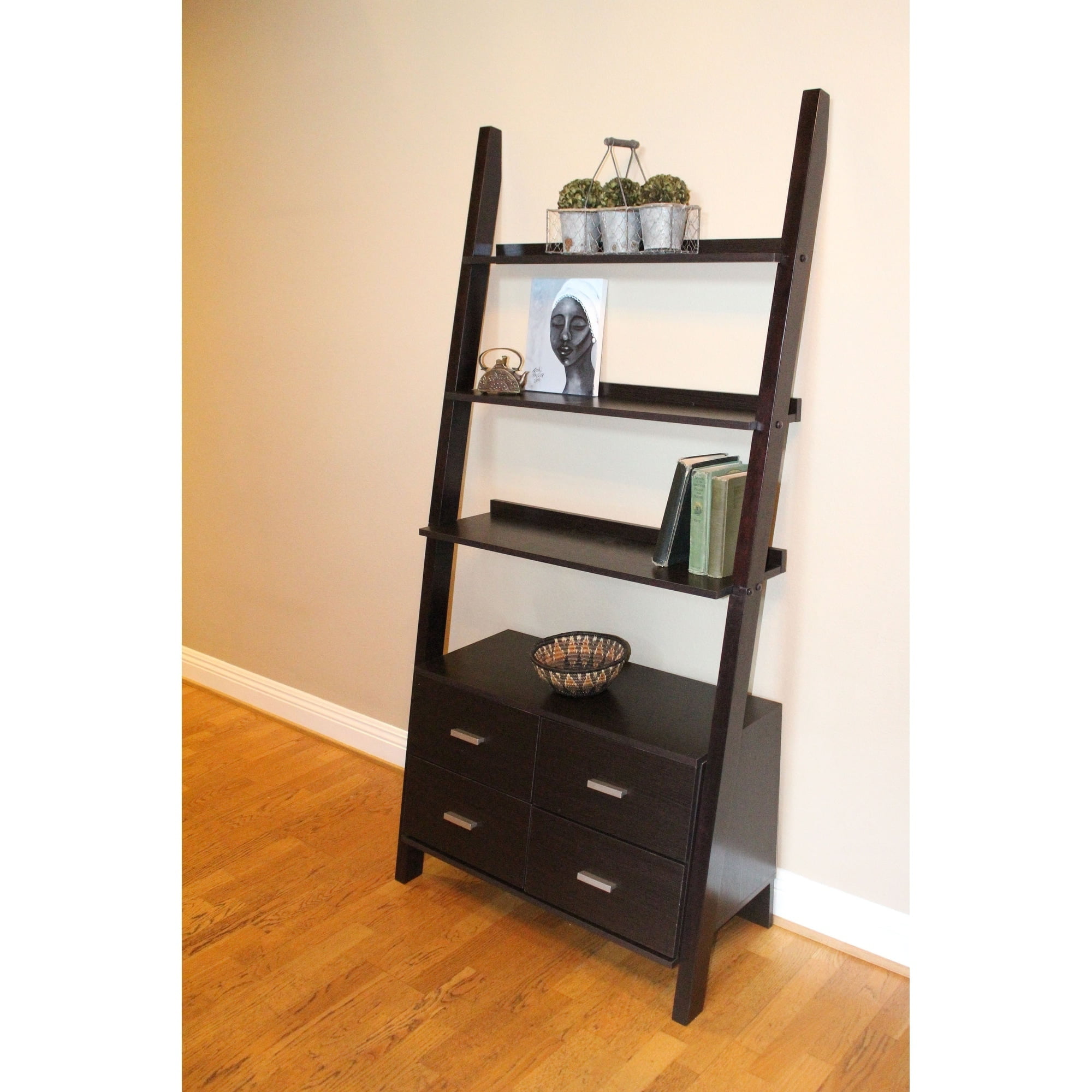 Walnut Finished Leaning Ladder Bookshelf With Drawers Walmart