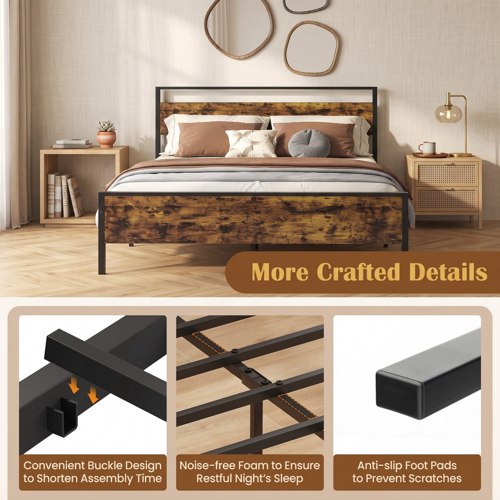 Furnibear Queen Bed Frame with Storage, Industrial Metal Platform Bed with Wooden Headboard and Under-Bed Space, Rustic Brown