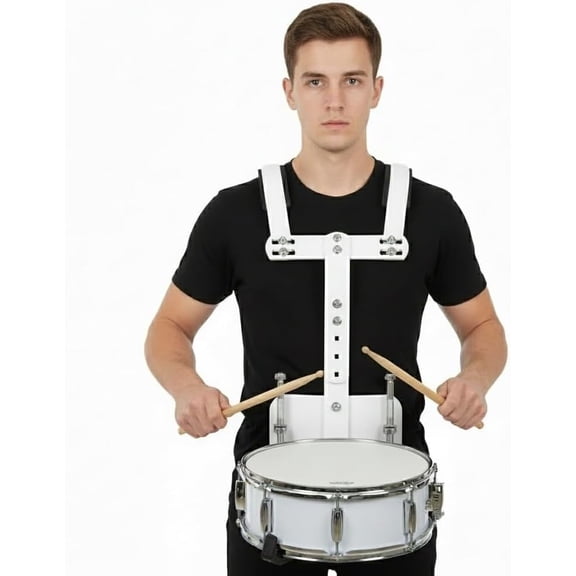 Marching Snare Drum Harness, Adjustable Aluminum Alloy Back Frame Carrier with Shoulder Strap, Lightweight Snare Drum Stand for Percussionists, School Marching Band Students, Performers (White)