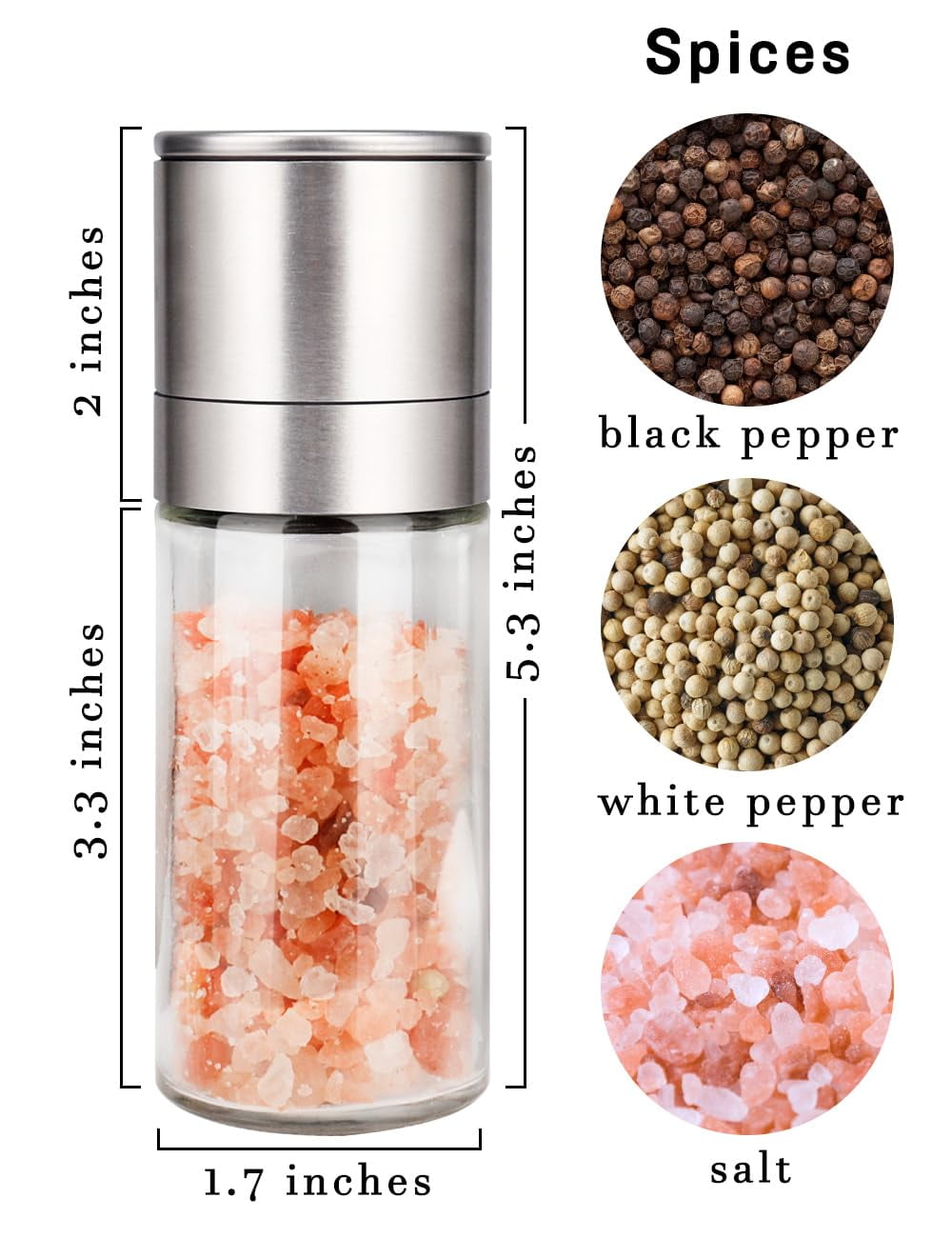 Salt and Pepper Grinder Set Refillable Adjustable Coarseness Stainless Steel Ceramic Rotor Kitchen Spice Mill