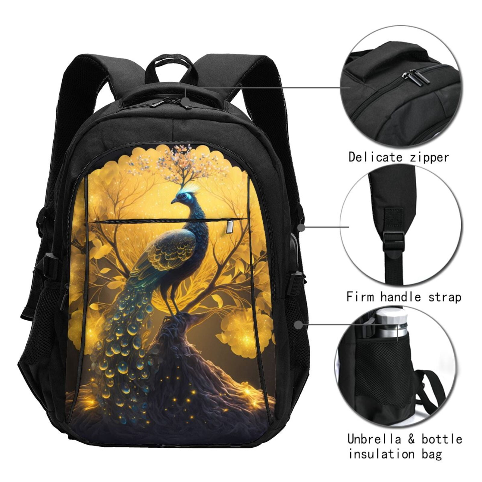Vsdgher Elegant Gold Leaf Peacock Print Travel Laptop Backpack, Laptops Backpack with USB Charging Port, Water Resistant Computer Bag Gift for Men & Women