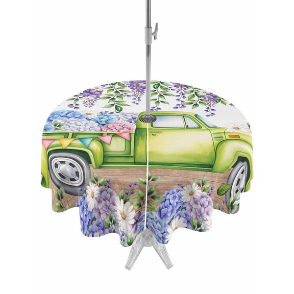 Outdoor Tablecloth with Umbrella Hole and Zipper, Blue Purple Floral Round Table Cloth 60 Inch Waterproof Tablecloth, Spring Country Hydrangea Flower Truck Picnic Table Cover for Patio Camping