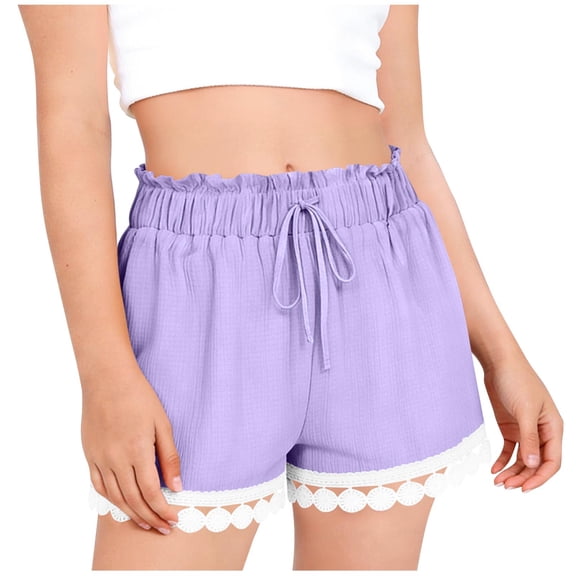 ITSAME Shorts for Girls 100%Cotton Elastic Waist Loose Fit Summer Lightweight Casual Shorts Purple Size 15-16