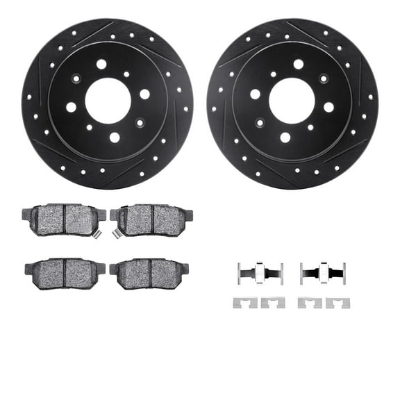 Dynamic Friction Company Rear Brake Rotors-Drilled and Slotted-Black with 5000 Advanced Brake Pads includes Hardware 8512-59009