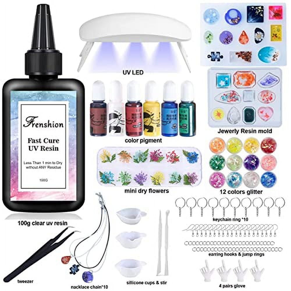 UV Resin Kit with Light,116Pcs Resin Jewelry Making Kit with 100g Fast Cure Clear Hard Low Odor UV Resin, Color Pigment, Resin Accessories, UV Resin Starter Kit for Jewelry Earrings Necklace Bracelet