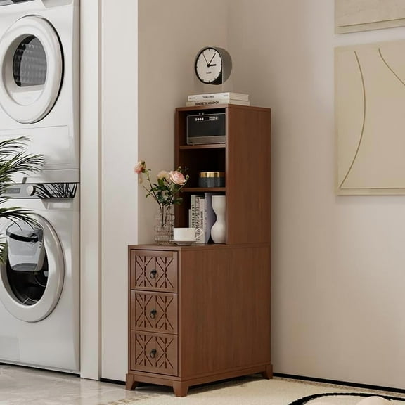 Tall End Table with 3-Drawer and Shelves, Narrow Side Table with Charging Station, High Slim Corner Cabinet Bedside Table with Storage Bookcase for Living Room Bedroom, Walnut