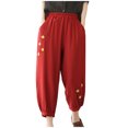 thumbnail image 2 of Wycnly Pants for Women Womens Harem Pants Vintage Cotton Linen Floral Embroidery Cropped Pants Summer Casual Elastic Waist Loose Straight Leg Crop Trousers with Pockets, 2 of 5