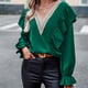 thumbnail image 4 of Gibobby Blusas De Manga Larga Para Mujer Blusa de camisa de mujer Blusa de manga larga con cuello en V elegante de otoño con color perfecto para la oficina（Verde， XL), 4 of 5