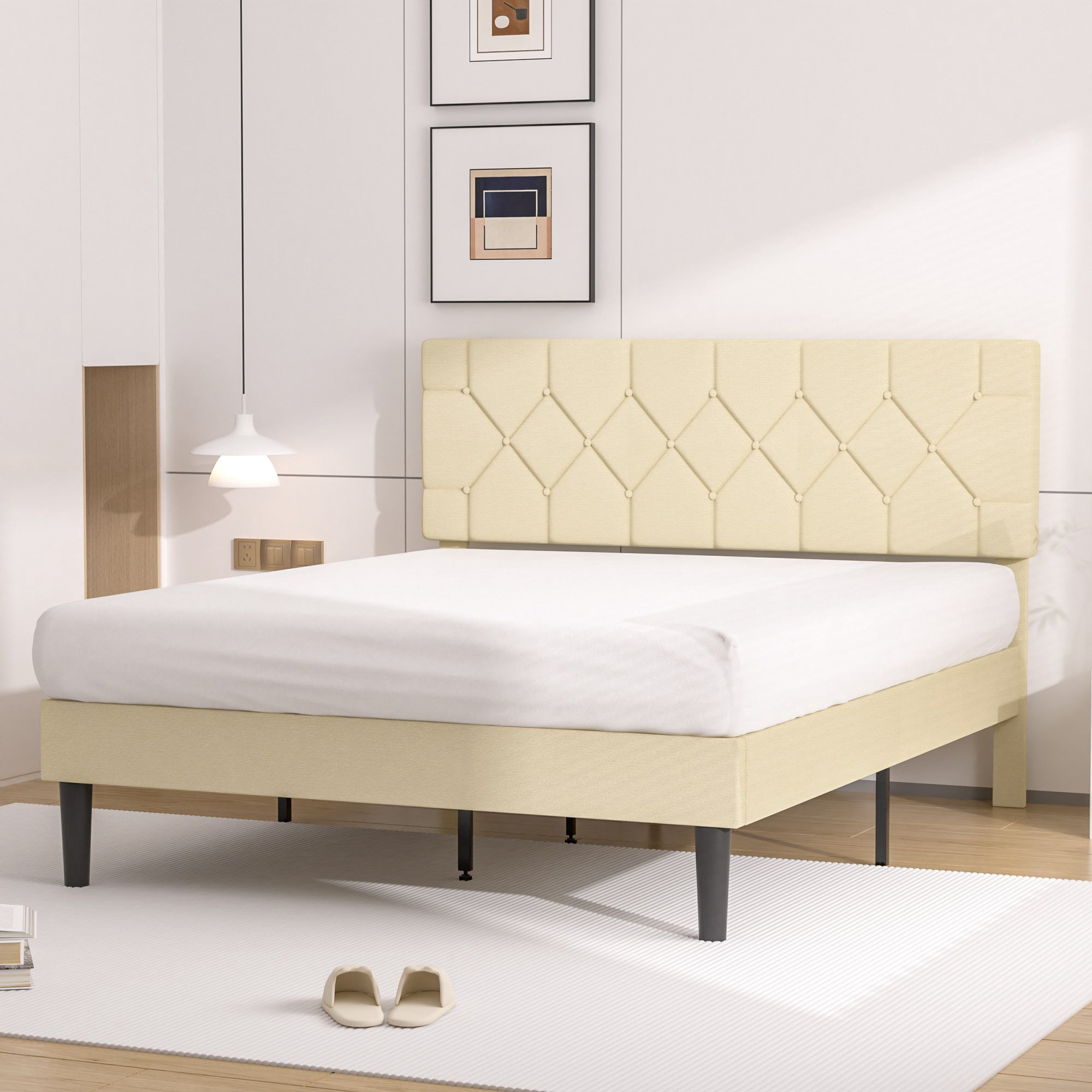 Javlergo Queen Size Bed Frame with Button Tufted Headboard, Upholstered Platform Bedframe with Wood Slat Support, No Box Spring Needed, Beige