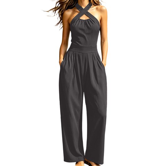 Iyufng Summer Women's Cross Front Halter Jumpsuits with Fitted Waist and Zipper Pocket, 9/10-Length Pants