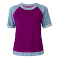 thumbnail image 5 of Helii Women's Color Block T Shirt – Raglan Sleeve T-Shirt, Crewneck Baseball Tee with Contrast Denim Sleeve, Loose Fit Soft Cotton Blend Casual T Shirts for Summer Purple,XXL, 5 of 6