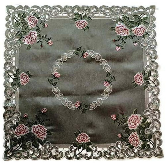 Doily Boutique Tablecloth or Table Topper Square with a Pink Rose and Sage Green Burlap Linen Fabric, Size 34 inches