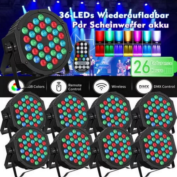 8PCS Rechargeable Par Lights 36W RGB Battery Powered, Wireless LED Par Lights DJ Uplights Sound Activated Remote Control for Wedding Events Club Party Church Stage Lighting