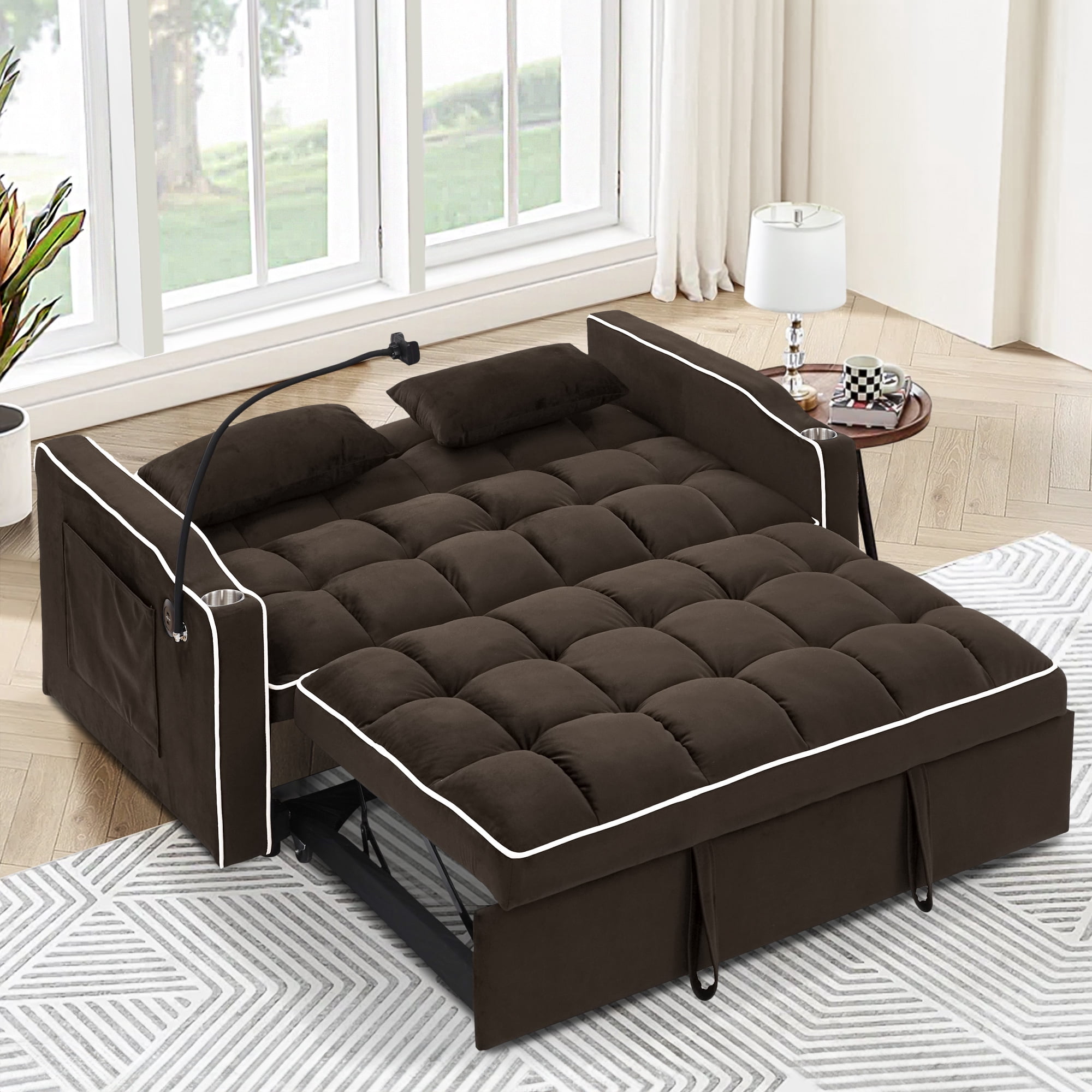 Dinosisco 4-in-1 Convertible Loveseat Sleeper, 55" Futon Sofa Bed with Phone Stand, USB, Brown Velvet