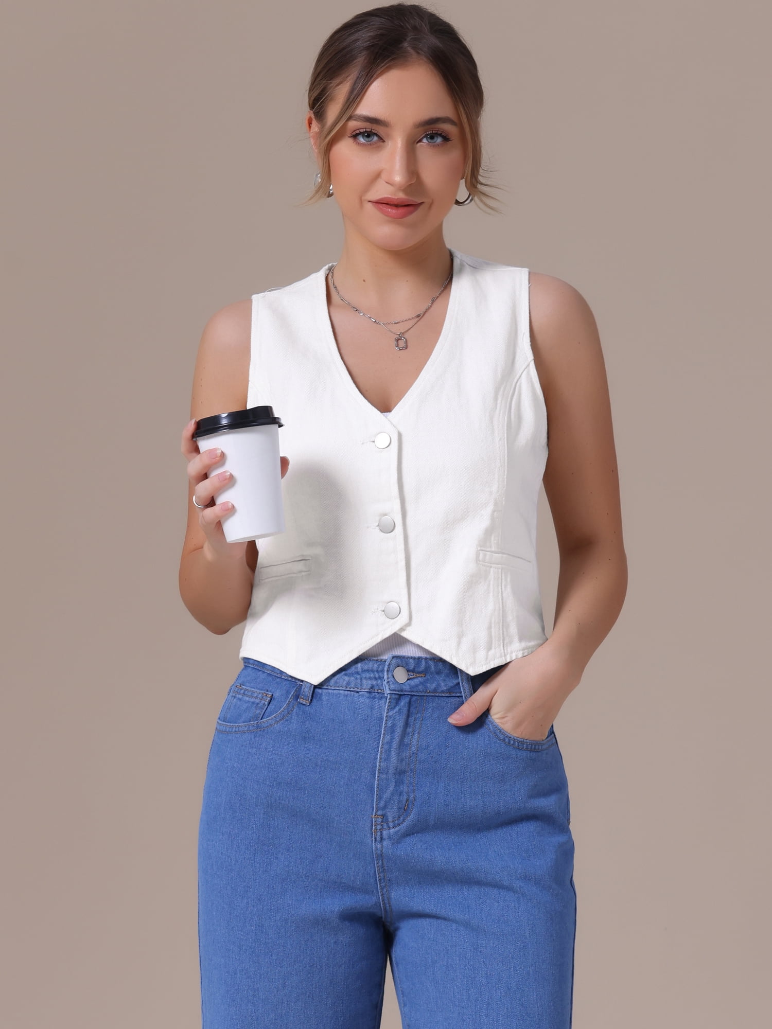 DARING DIVA Women's V Neck Waistcoat Top Casual Jean Vests M White