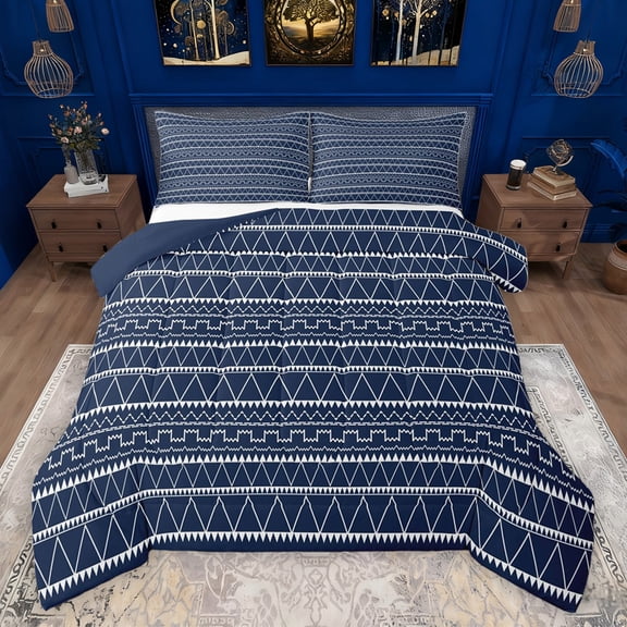 Homewish Geometric Stripes Lines Bedding Comforter Set 2pcs for Female Men,Navy Blue White Twin Comforter Sets Microfiber,Minimalist Mid Century Breathable Bedding Set,Lightweight Room Decor