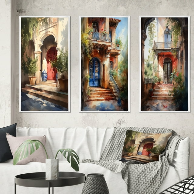 Designart "Rustic Stairway Welcoming Cottage Entry IV" Farm Framed Wall Art Set Of 3 - Red Country Frame Canvas Set For Living Room Decor