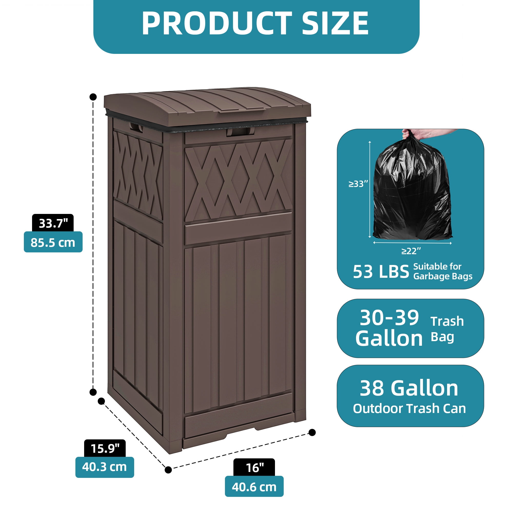Uforic 32 Gallon Outdoor Trash Can, Waterproof Resin Garbage Bin with Lid & Drip Tray for Porch Backyard Patio, Dark Brown