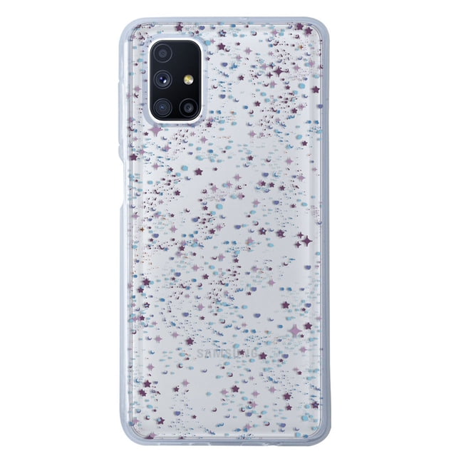 funda para galaxy m51 galaxia uso rudo transparente InstaCase protector para Galaxy M51, vista trasera centrada, carcasa flexible de TPU 2mm con partículas y pequeñas estrellas brillantes, cortes precisos para cámara triple y botones y bordes elevados para protección 360 grados; a menudo usada para proteger el teléfono en viajes y uso diario.