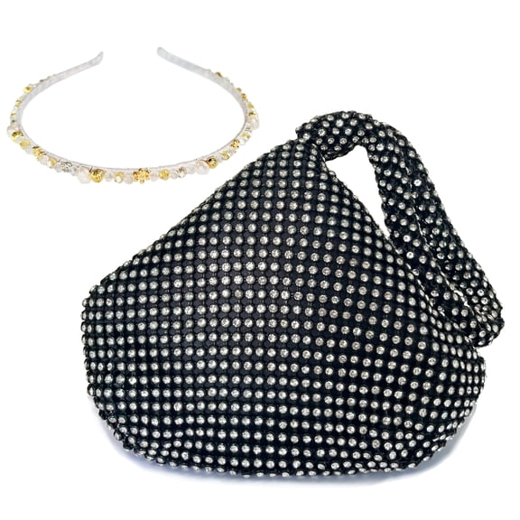 Women's Rhinestone Clutch Evening Bag with Pearls Headband, Full Diamond Clutch Purse Satin Lining, Medium Size - Black