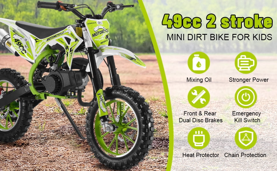 49CC Gas Dirt Bike with 30KM/H Speed, 10-Inch Off-Road Tires & Dual Disc Brakes, 150kg Capacity 2-Stroke Mini Motorcycle for Youth Beginner Riding.