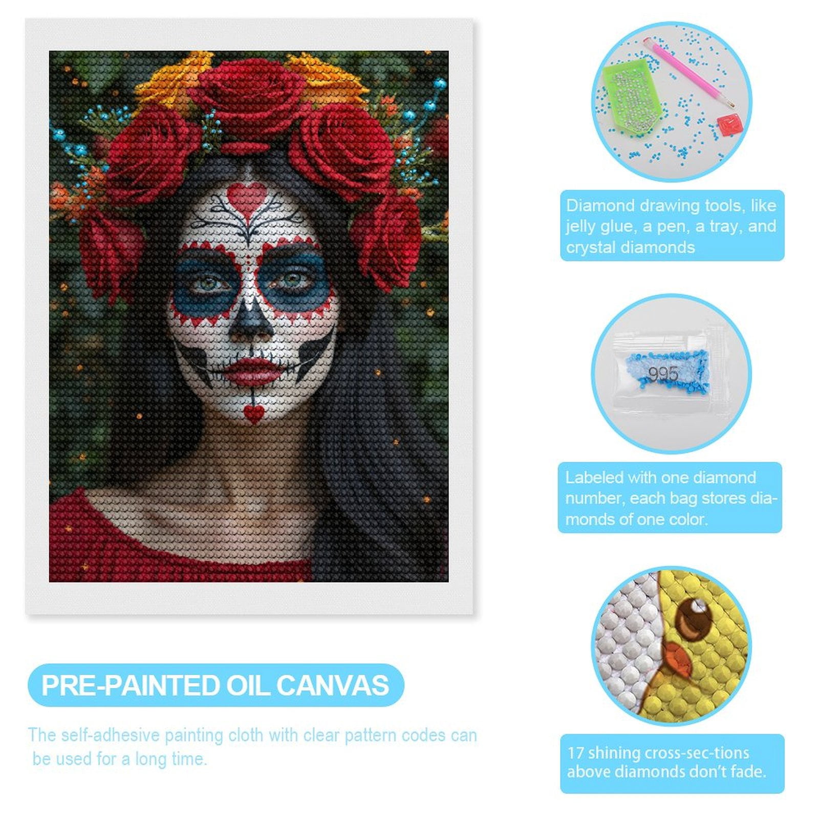 Diamond Art Kits for Adults, Day Of The Dead Face Paint Flowers 5D Diamond Painting Kits for Adults Beginners, DIY Full Drill Diamond Painting, Gem Art and Crafts 12x16