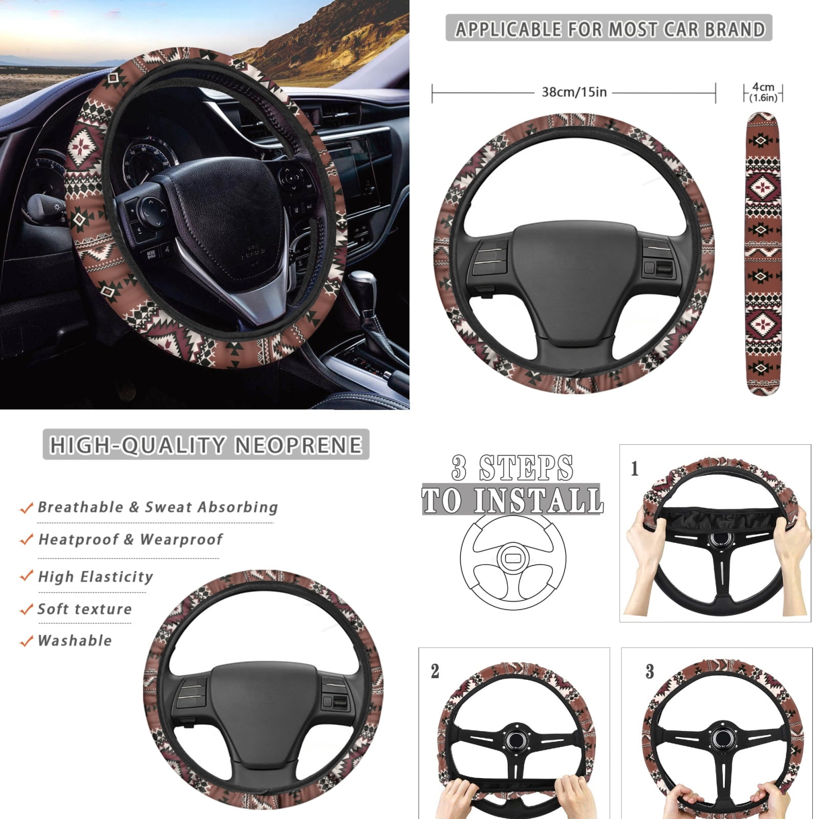 Renewold American Tribal Brown 12 PCS Car Seat Cover Covers with Non-slip Steering Wheel Cover Seatbelt Strap Shoulder Cover Coasters Armrest Pad Handbrake Cover Gear Shift Knob Cover