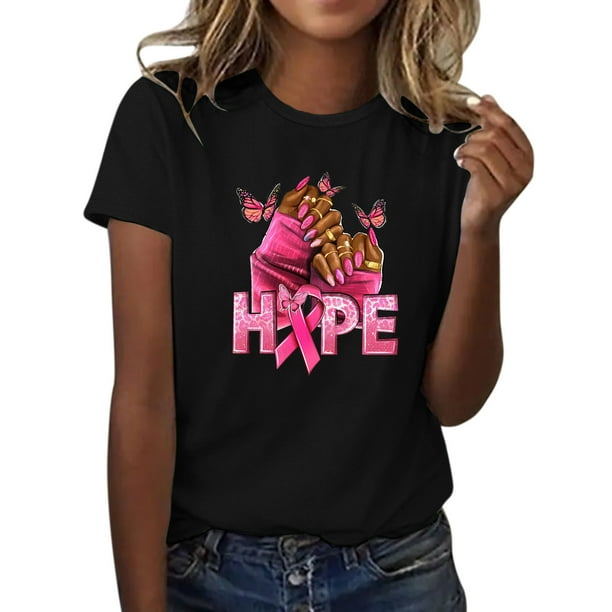 Gibobby Camisetas Mujer Baratas Manga Corta Camiseta manga corta con estampado la mano cinta concientización sobre el cáncer mama para mujer(Negro,CH)