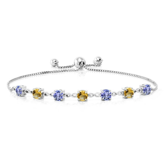 Gem Stone King 925 Sterling Silver Blue Tanzanite and Yellow Citrine Infinity Tennis Bracelet for Women (2.48 Cttw, Gemstone December Birthstone, Round 4.5MM, Fully Adjustable up to 9 inch)
