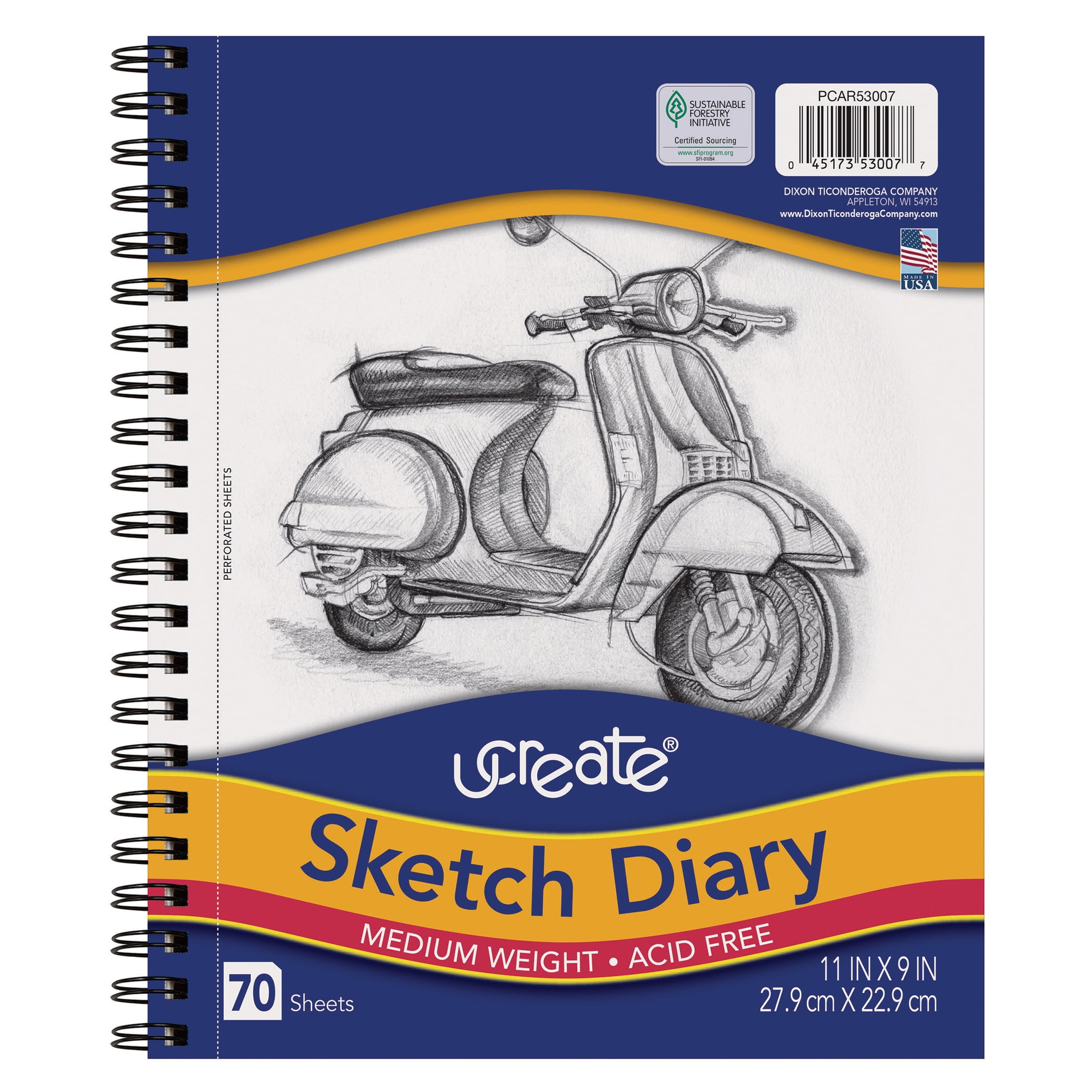 Art1st Spiral Sketch Diary, Drawing Book Pad, 60 lb, 11 x 8.5