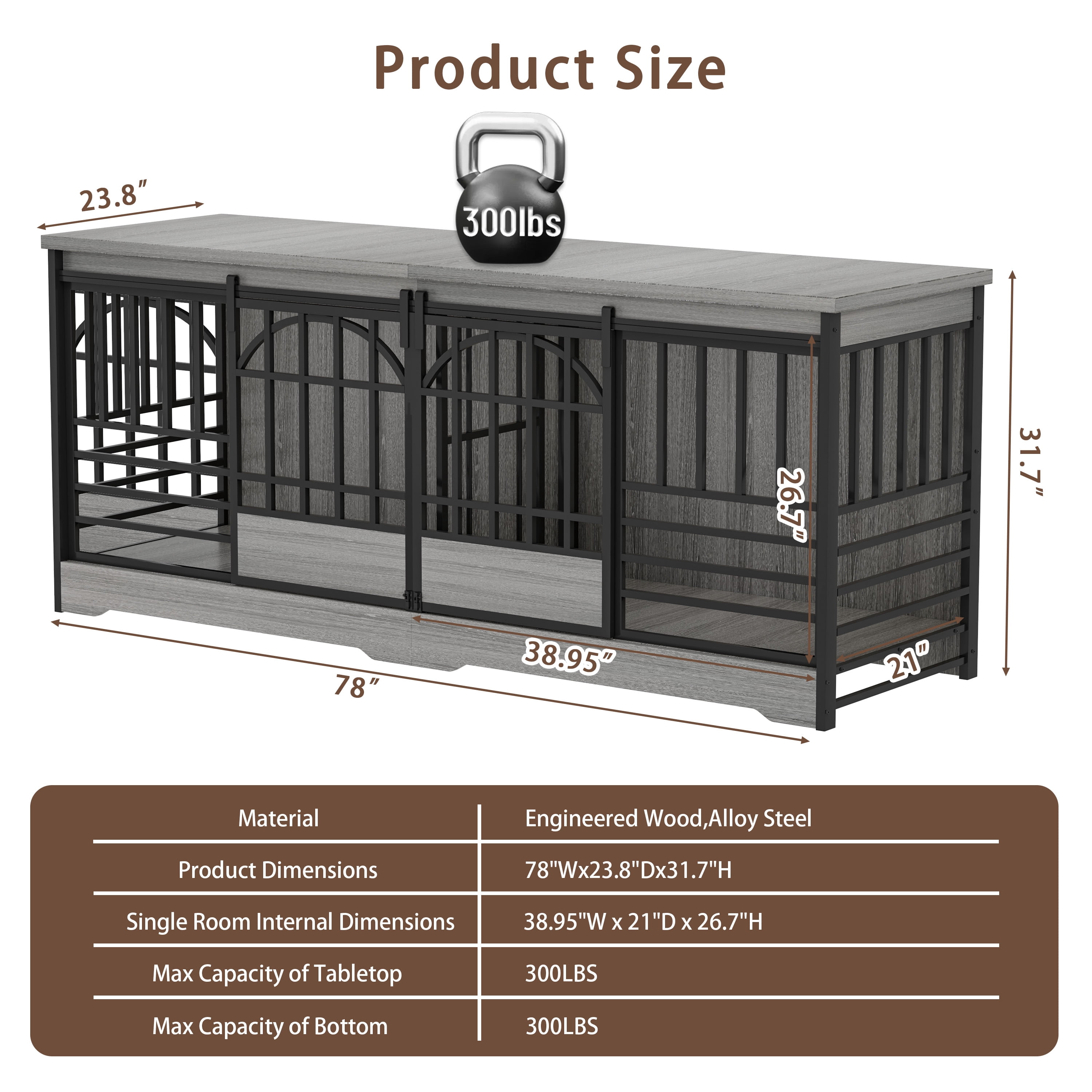 78 inch Dog Crate Furniture XXL Dog Cage Heavy Duty Dog Kennel Indoor with Removable Divider,Extra Large Double Cage Large Breed Gray