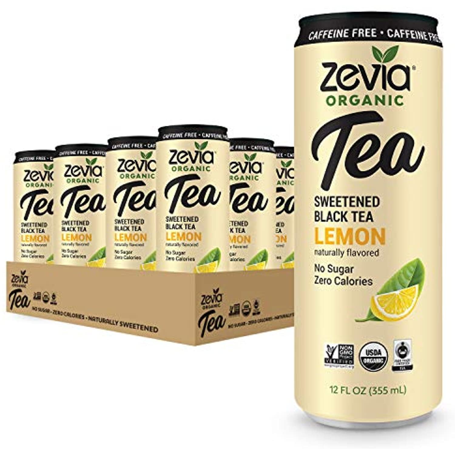 Zevia Organic Sugar Free Iced Tea, Caffeine Free Black Tea Lemon, 12