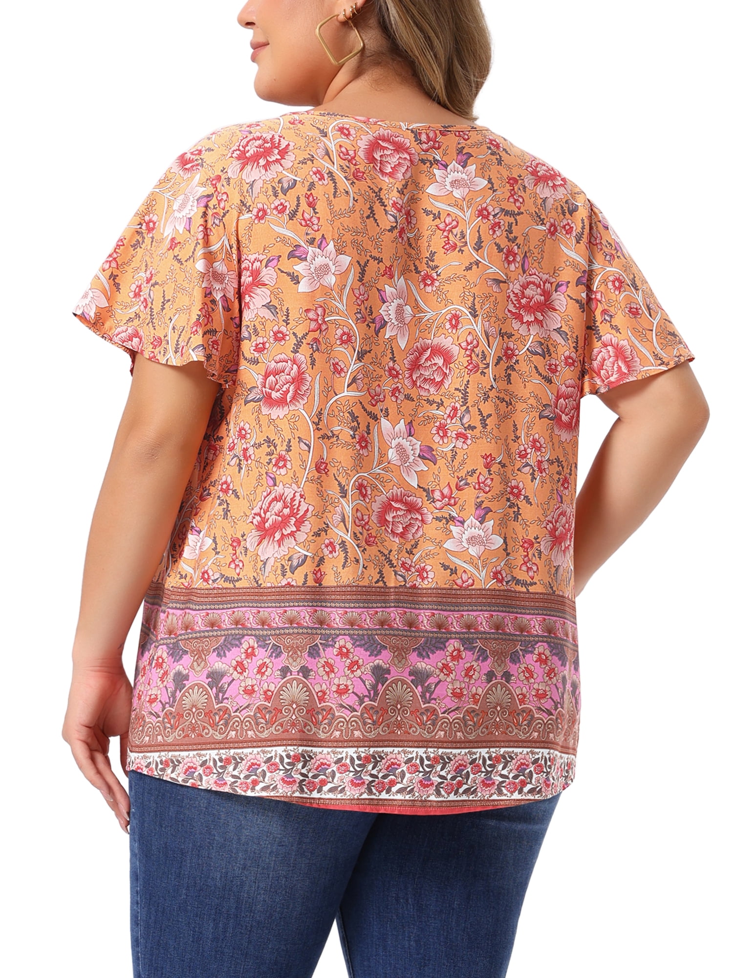 DARING DIVA Women's Plus Keyhole Ruffle  Boho Floral Keyhole Neck Blouse 3X Orange