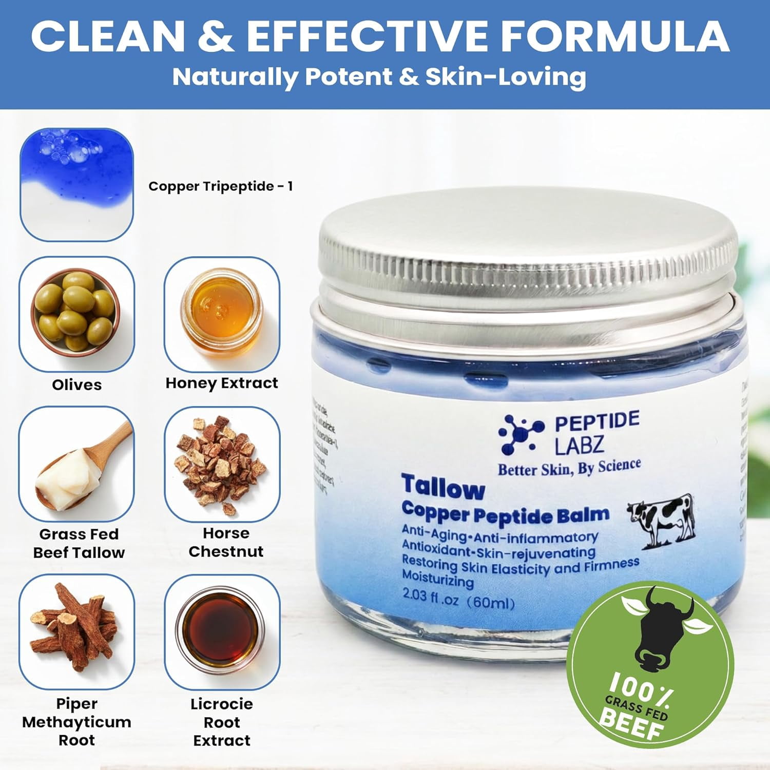Peptide Labz Copper Peptide Balm with Grass-Fed Tallow & Honey Extract – Copper Tripeptide-1, Licorice Root – Nourishing Skin Moisture Balm