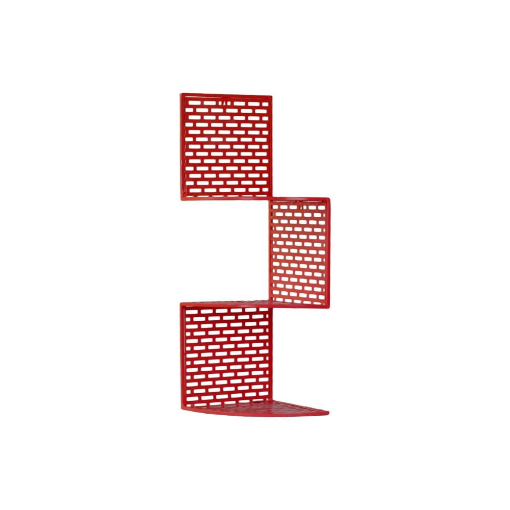 Small Metal Corner Shelf With 3 Tiers And Perforated Surface And Backing Red
