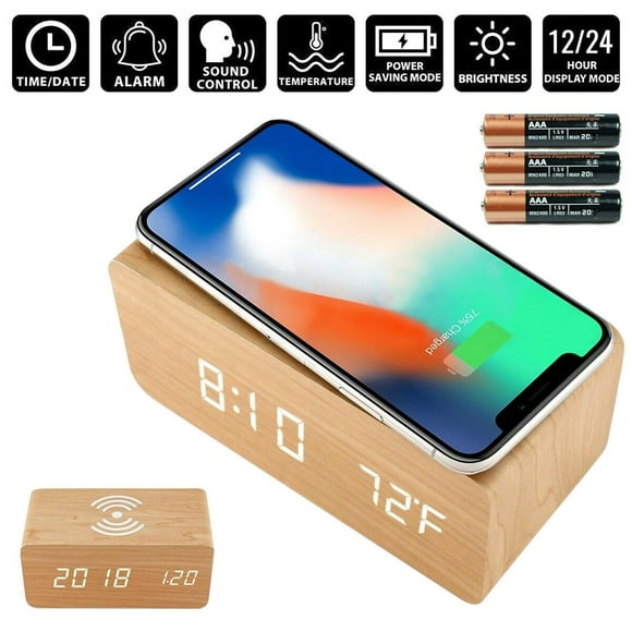 Wooden Alarm Clock with Wireless Charging for iPhone Samsung, Wood Digital LED Desk Clock for Bedroom, 3 Alarm Settings, Sound Co